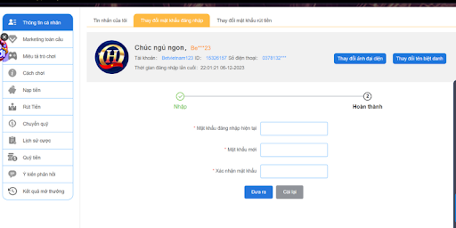 Thay đổi mật khẩu tài khoản đăng nhập Qh88